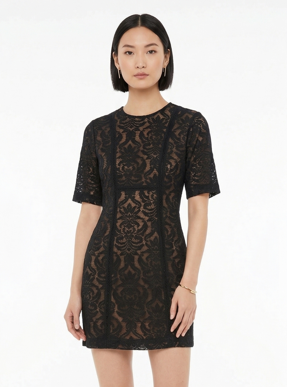 BCBGMaxAzria Ceara Black Lace Cocktail Dress 2 Sheath  Short Sleeve NEW